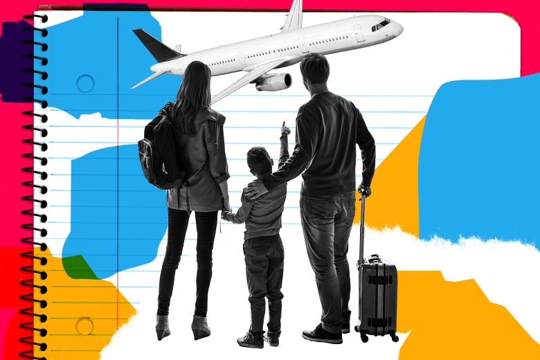 Collage of a family at the airport pointing to an airplane in the sky.